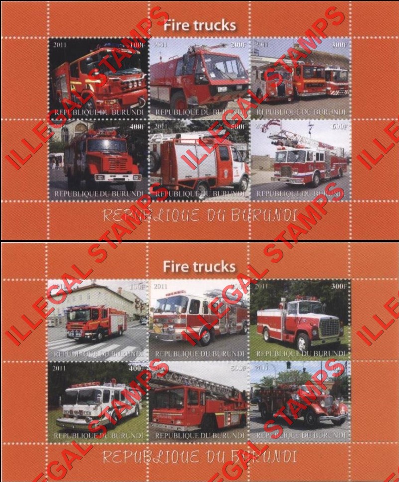 Burundi 2011 Fire Trucks Counterfeit Illegal Stamp Souvenir Sheets of 6