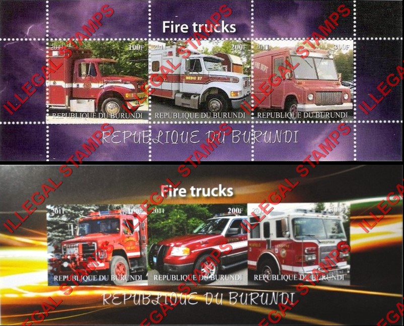 Burundi 2011 Fire Trucks Counterfeit Illegal Stamp Souvenir Sheets of 3