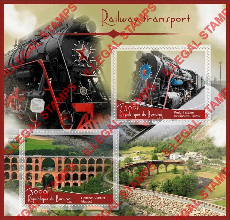 Burundi 2016 Railway Transport Locomotives Counterfeit Illegal Stamp Souvenir Sheet of 2