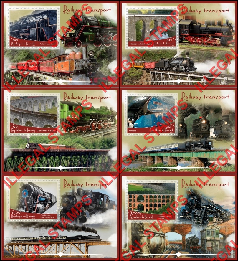 Burundi 2016 Railway Transport Locomotives Counterfeit Illegal Stamp Souvenir Sheets of 1