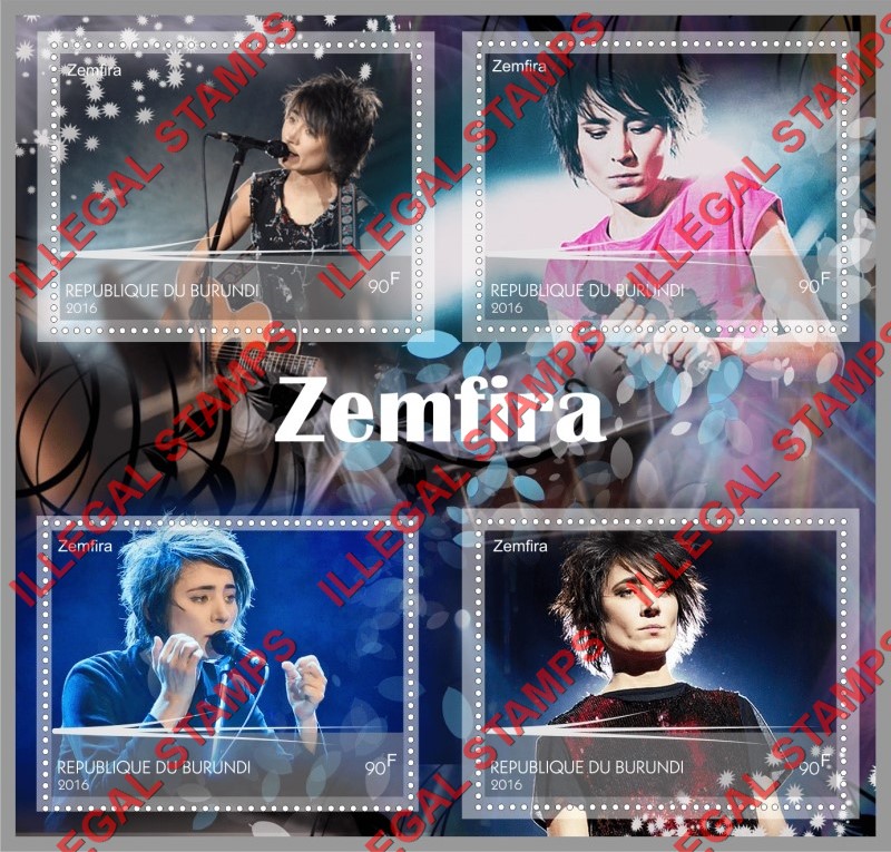 Burundi 2016 Zemfira Musician Singer Counterfeit Illegal Stamp Souvenir Sheet of 4