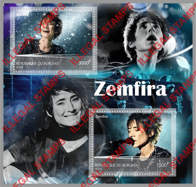 Burundi 2016 Zemfira Musician Singer Counterfeit Illegal Stamp Souvenir Sheet of 2