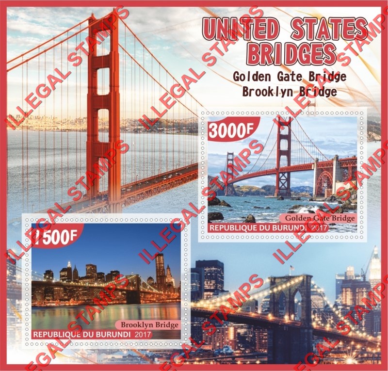 Burundi 2017 Bridges in the United States Counterfeit Illegal Stamp Souvenir Sheet of 2