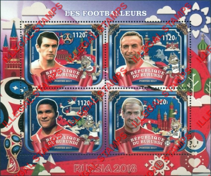 Burundi 2017 FIFA World Cup Soccer in 2018 Counterfeit Illegal Stamp Souvenir Sheet of 4