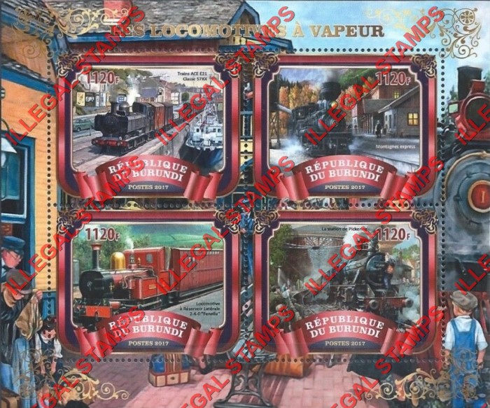 Burundi 2017 Locomotives Counterfeit Illegal Stamp Souvenir Sheet of 4 (Sheet 1)