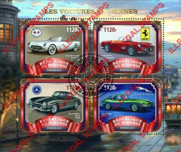 Burundi 2017 Old Sports Cars Counterfeit Illegal Stamp Souvenir Sheet of 4 (Sheet 1)