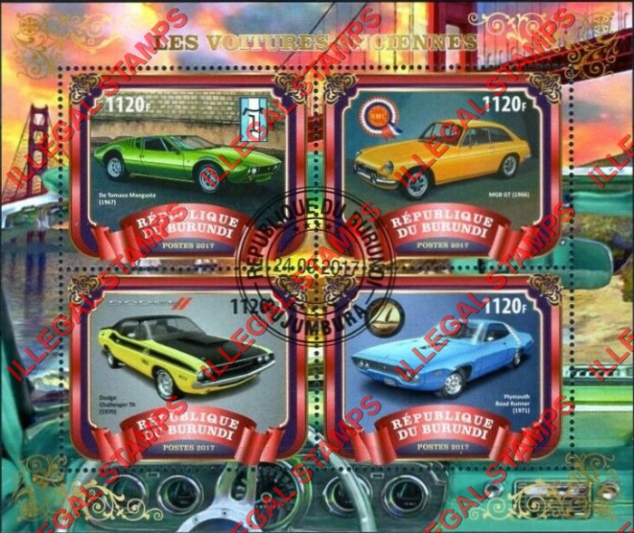 Burundi 2017 Old Sports Cars Counterfeit Illegal Stamp Souvenir Sheet of 4 (Sheet 2)