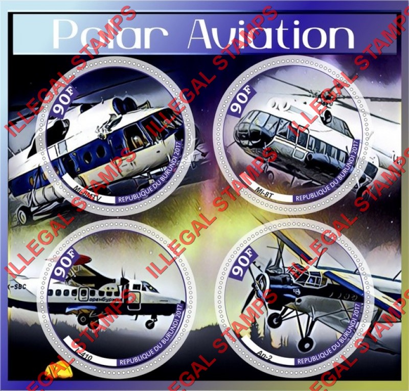 Burundi 2017 Polar Aviation Counterfeit Illegal Stamp Souvenir Sheet of 4