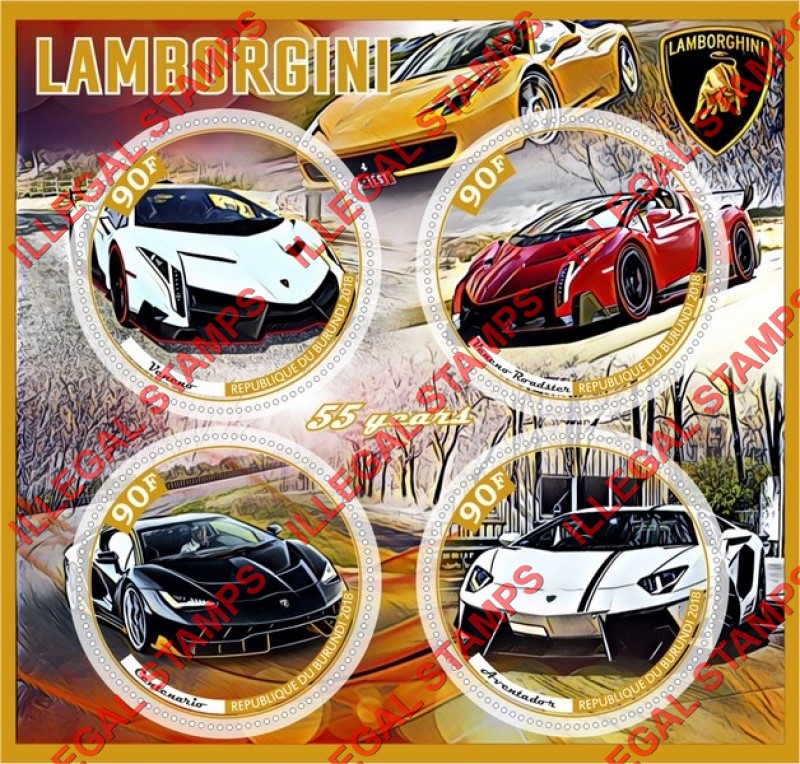 Burundi 2018 Lamborghini Counterfeit Illegal Stamp Souvenir Sheet of 4