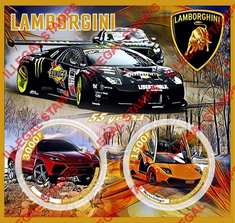 Burundi 2018 Lamborghini Counterfeit Illegal Stamp Souvenir Sheet of 2