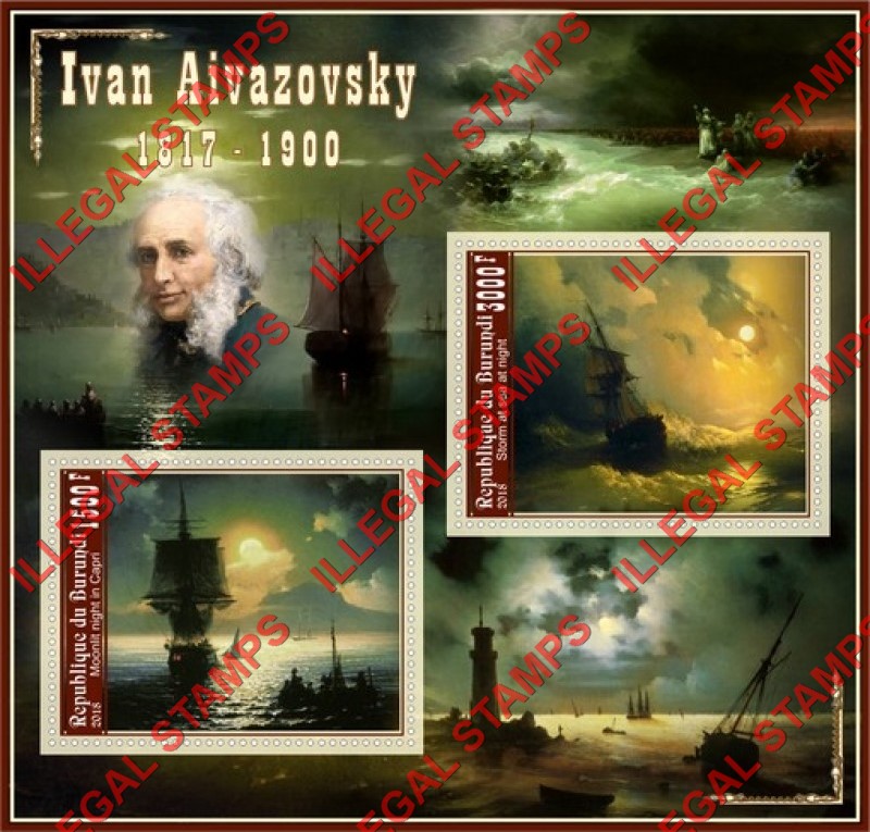 Burundi 2018 Paintings by Ivan Aivazovsky Counterfeit Illegal Stamp Souvenir Sheet of 2