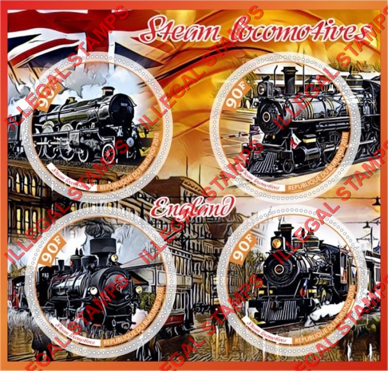 Burundi 2018 Steam Locomotives Counterfeit Illegal Stamp Souvenir Sheet of 4