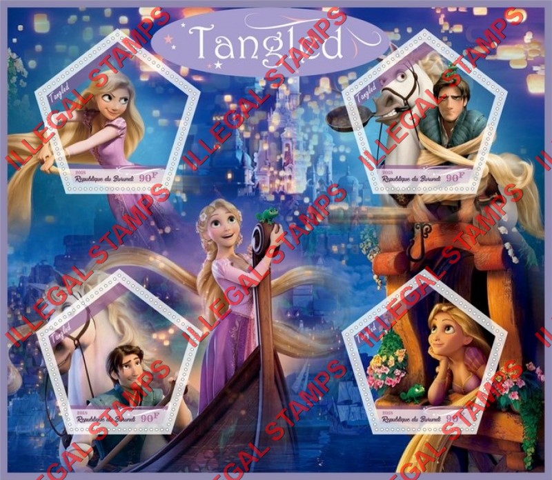 Burundi 2018 Tangled Disney Cartoon Movie Counterfeit Illegal Stamp Souvenir Sheet of 4