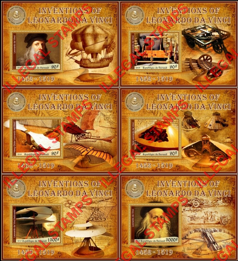 Burundi 2019 Leonardo da Vinci Inventions Counterfeit Illegal Stamp Souvenir Sheets of 1