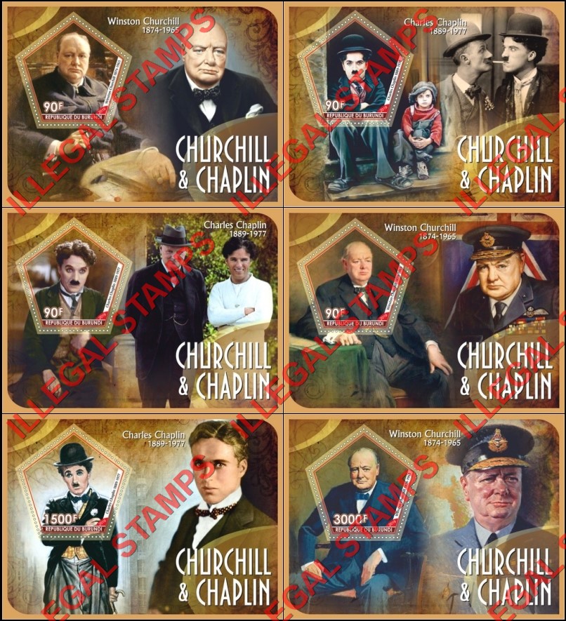 Burundi 2019 Winston Churchill and Charles Chaplin Counterfeit Illegal Stamp Souvenir Sheets of 1