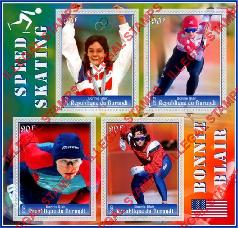 Burundi 2020 Speed Skating Bonnie Blair Counterfeit Illegal Stamp Souvenir Sheet of 4