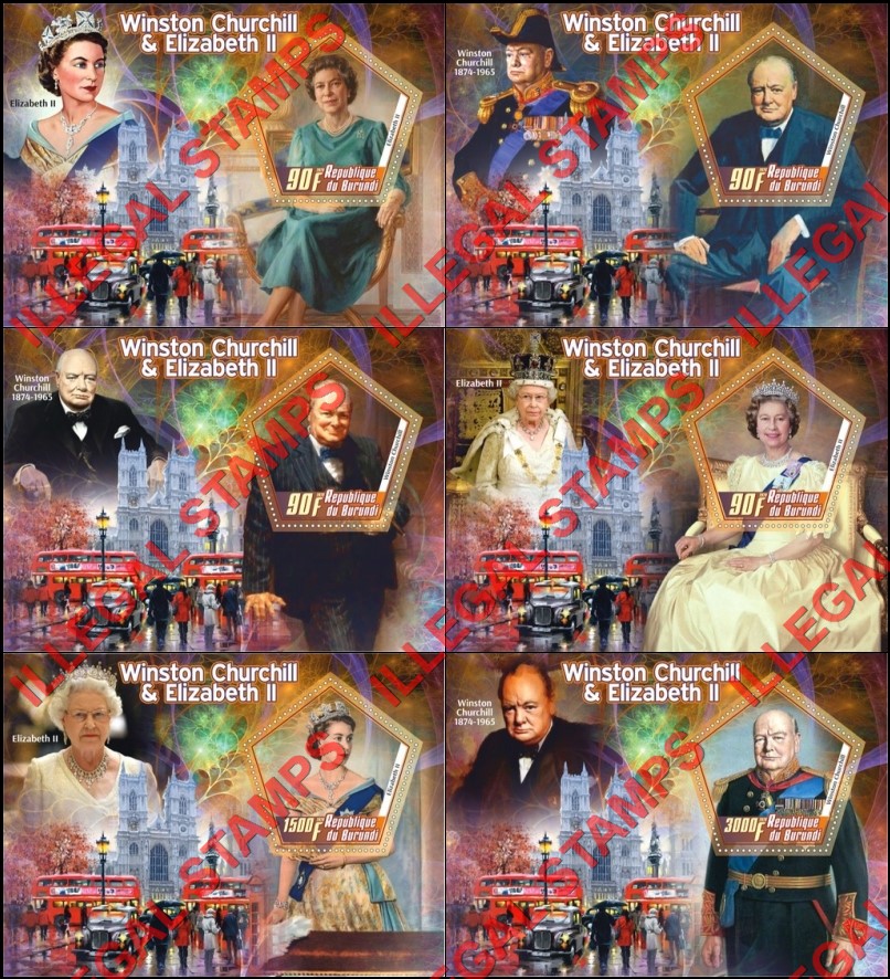 Burundi 2020 Winston Churchill and Queen Elizabeth II Counterfeit Illegal Stamp Souvenir Sheets of 1