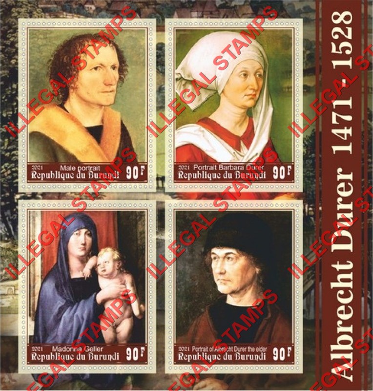 Burundi 2021 Paintings by Albrecht Durer (different) Counterfeit Illegal Stamp Souvenir Sheet of 4