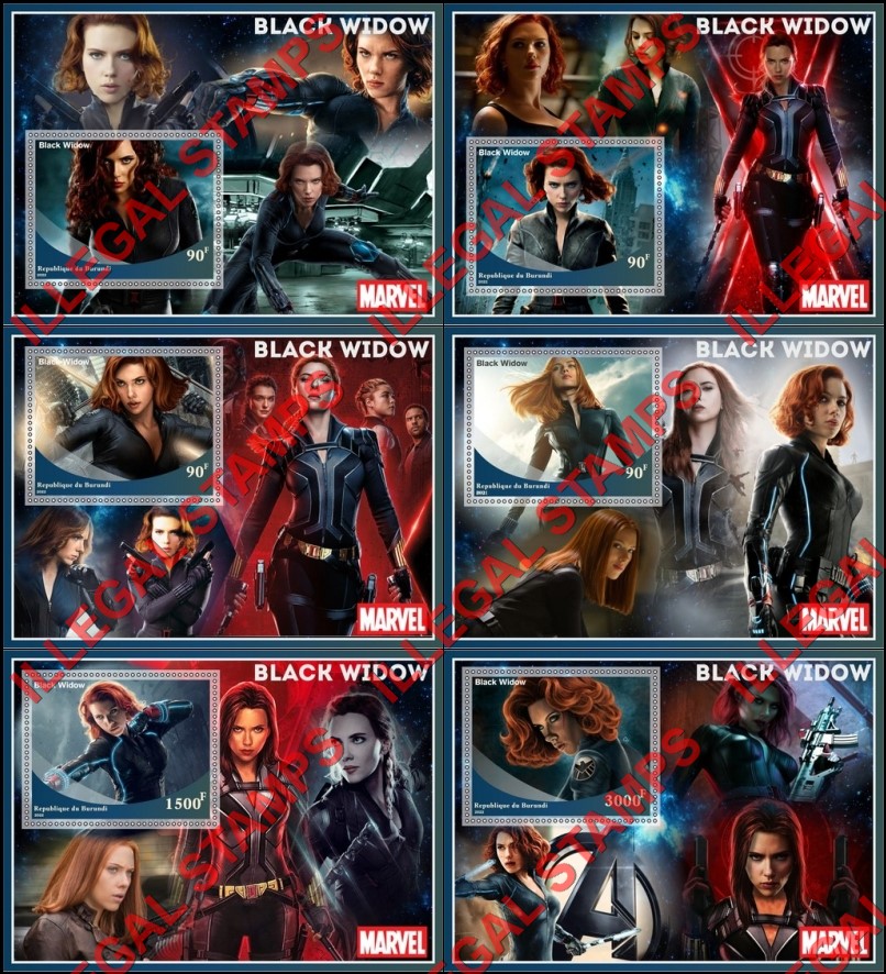 Burundi 2022 Black Widow Marvel Movie Counterfeit Illegal Stamp Souvenir Sheets of 1