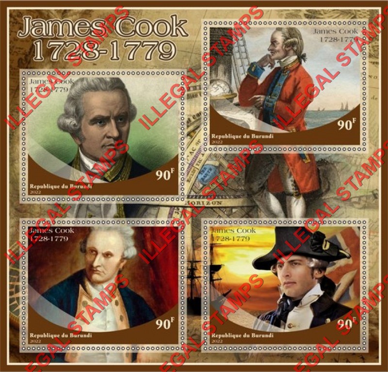 Burundi 2022 James Cook Counterfeit Illegal Stamp Souvenir Sheet of 4