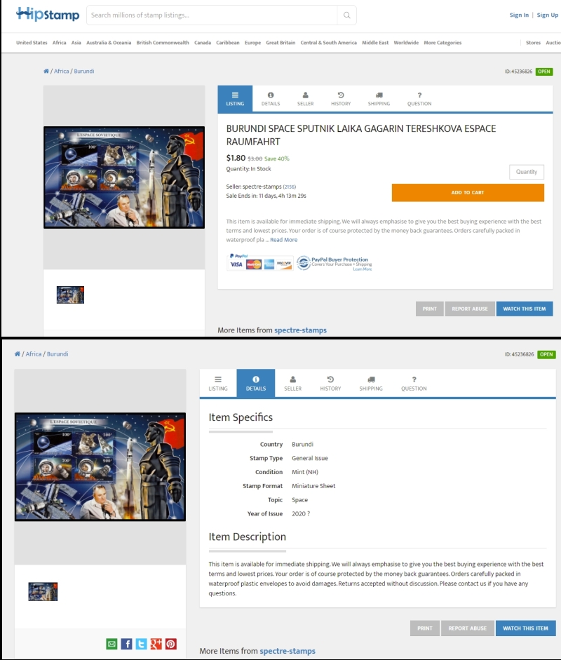 Example of spectre-stamps sales of counterfeit Burundi souvenir sheets on Hipstamp