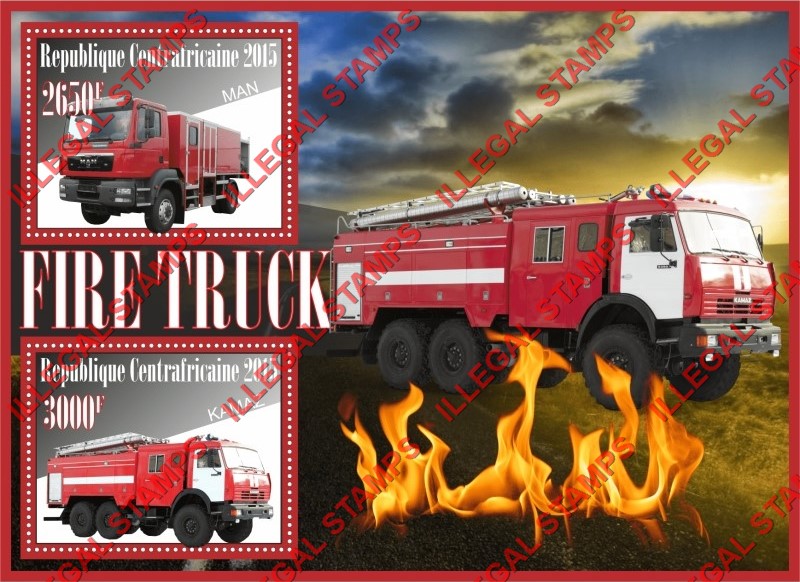 Central African Republic 2015 Fire Trucks Illegal Stamp Souvenir Sheet of 2