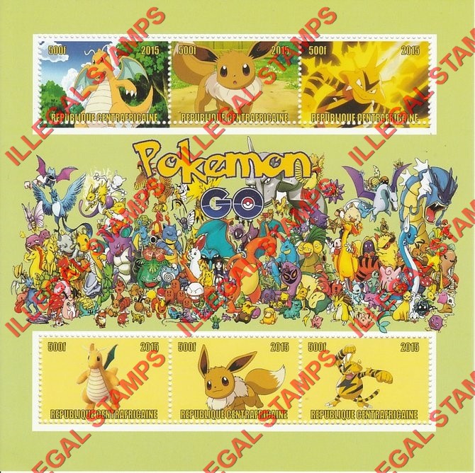 Central African Republic 2015 Pokemon Go Illegal Stamp Souvenir Sheet of 6 (Sheet 4)