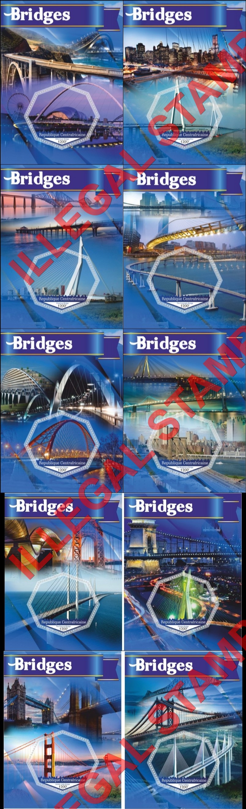 Central African Republic 2017 Bridges Illegal Stamp Souvenir Sheets of 1