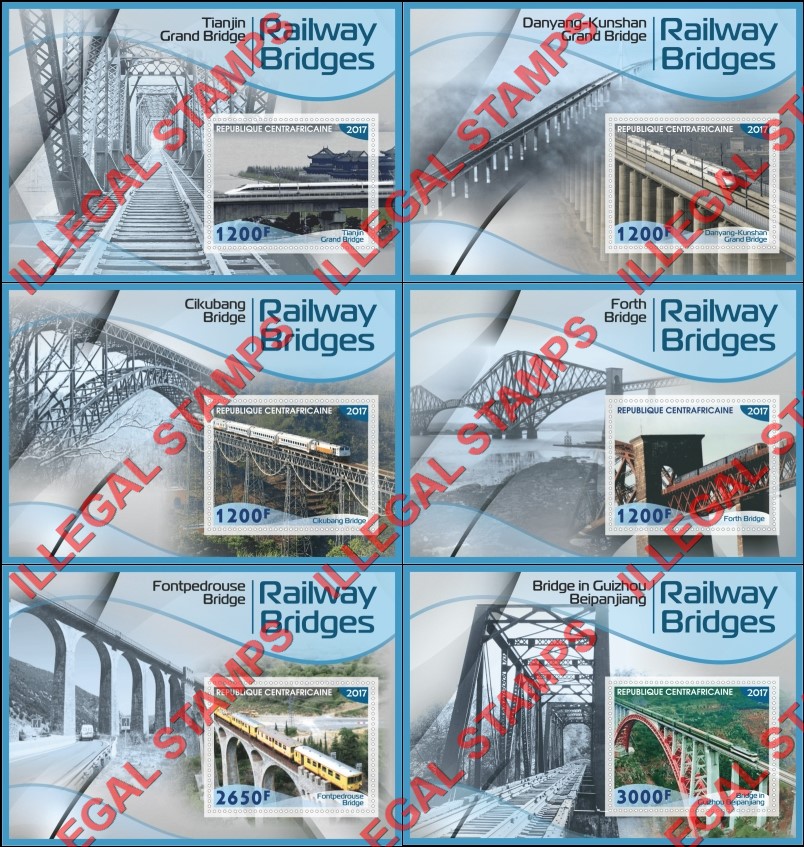 Central African Republic 2017 Railway Bridges Illegal Stamp Souvenir Sheets of 1