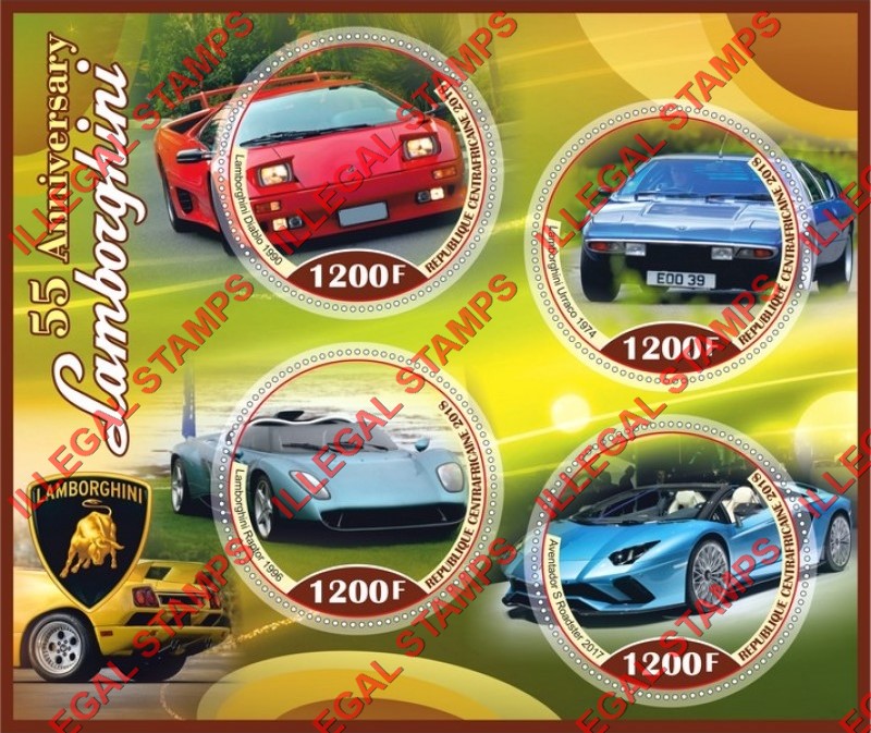 Central African Republic 2018 Lamborghini Illegal Stamp Souvenir Sheet of 4