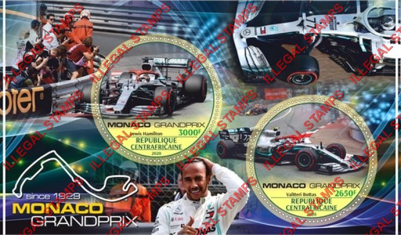 Central African Republic 2020 Monaco Grand Prix Illegal Stamp Souvenir Sheet of 2