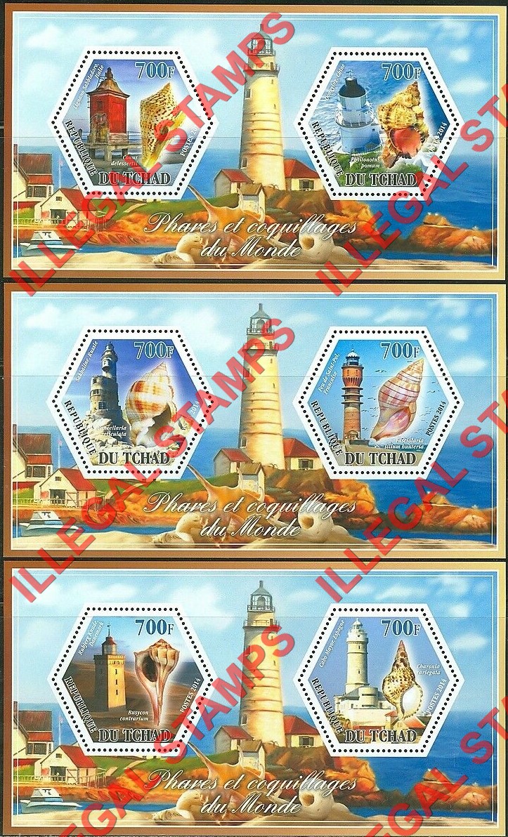 Chad 2014 Lighthouses and Shells Illegal Hexagon Stamps in Souvenir Sheets of 2