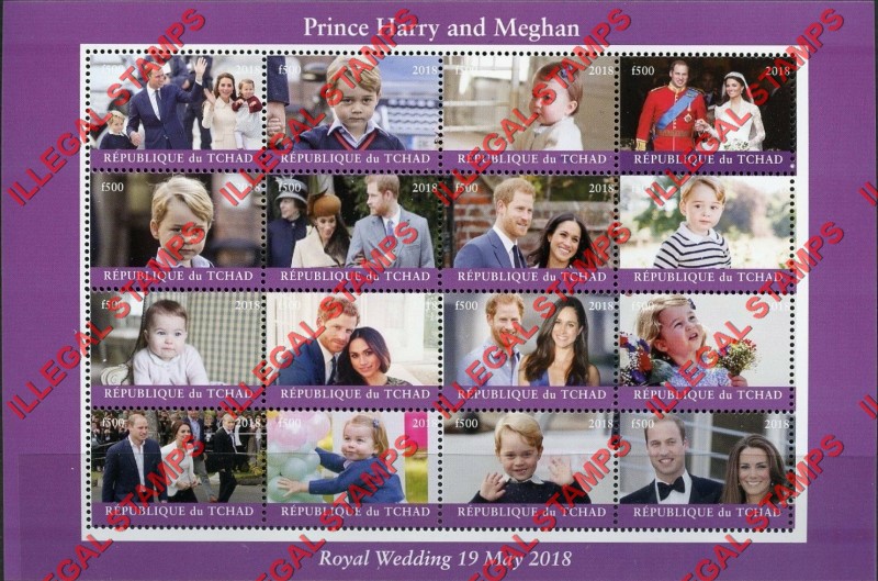 Chad 2018 Royal Wedding Prince Harry and Meghan Markle Illegal Stamps in Sheet of 16