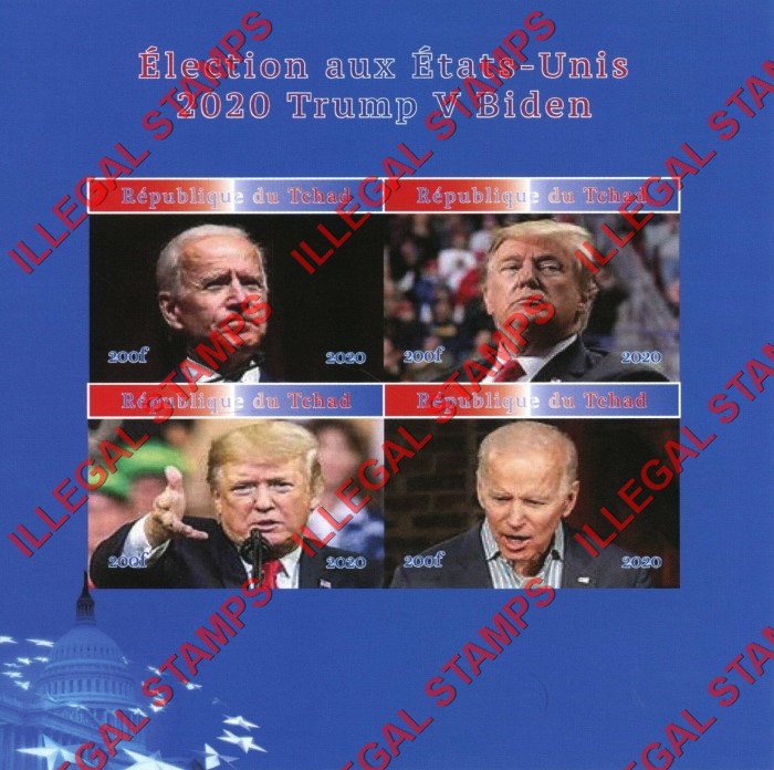 Chad 2020 Presidential Election Trump Versus Biden Illegal Stamps in Souvenir Sheet of 4