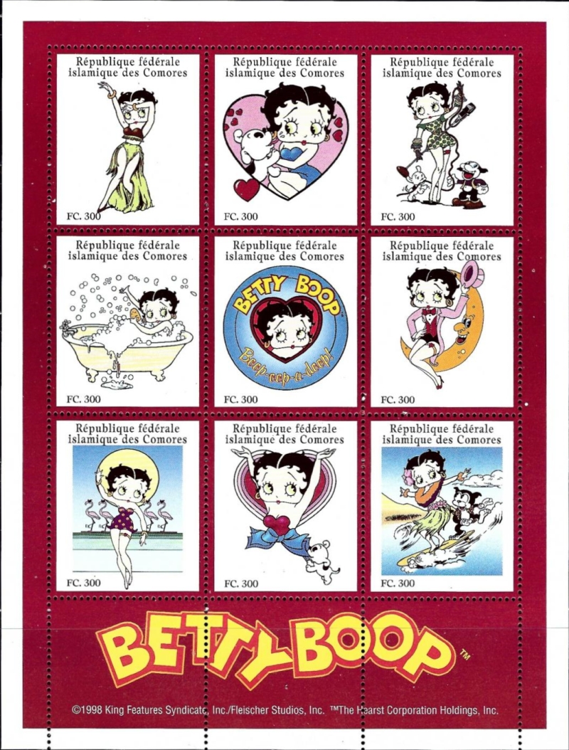 Comoro Islands 1998 Betty Boop Stamp Souvenir Sheet of 9