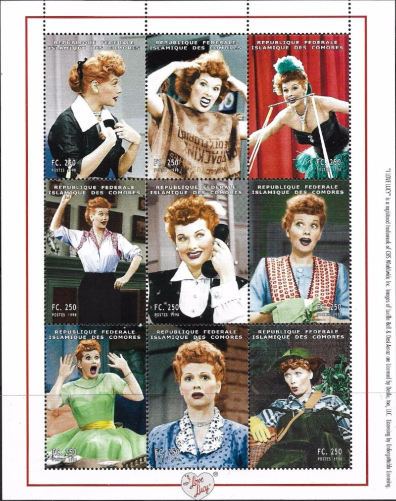 Comoro Islands 1998 I Love Lucy Stamp Souvenir Sheet of 9