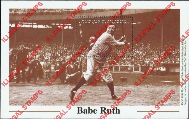 Comoro Islands 1998 Babe Ruth Counterfeit Illegal Stamp Souvenir Sheet of 1 (Sheet 2)