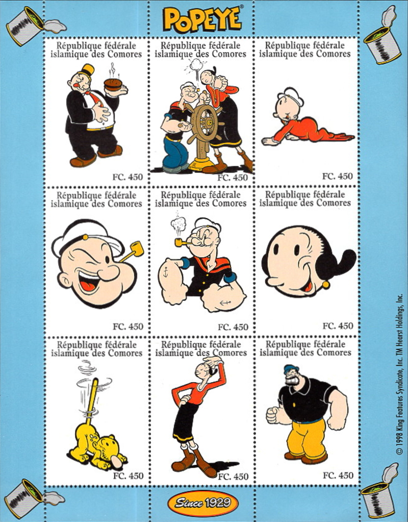 Comoro Islands 1998 Popeye Stamp Souvenir Sheet of 9