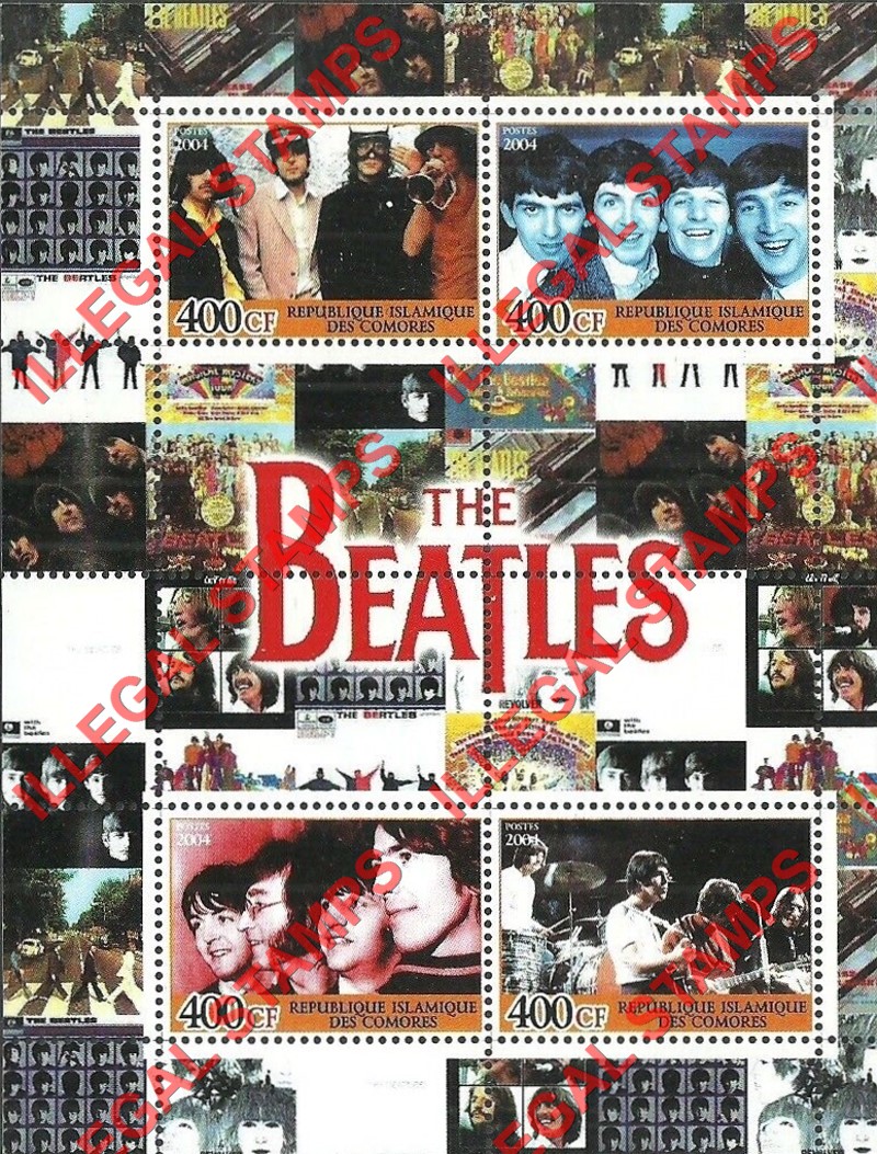 Comoro Islands 2004 The Beatles Counterfeit Illegal Stamp Souvenir Sheet of 4 (Sheet 1)