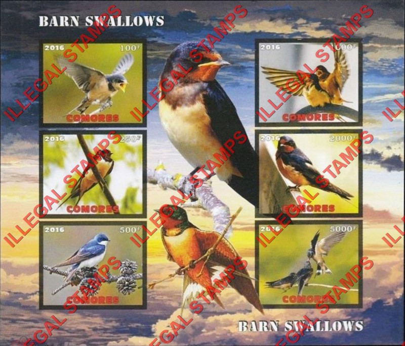 Comoro Islands 2016 Birds Barn Swallows Counterfeit Illegal Stamp Souvenir Sheet of 6