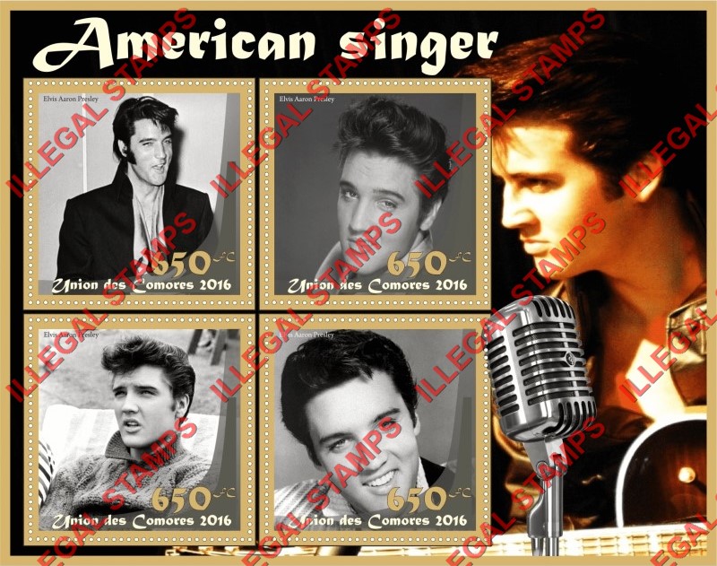 Comoro Islands 2016 Elvis Presley Counterfeit Illegal Stamp Souvenir Sheet of 4