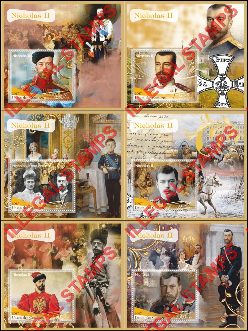 Comoro Islands 2017 Nicholas II Tsar of Russia Counterfeit Illegal Stamp Souvenir Sheets of 1