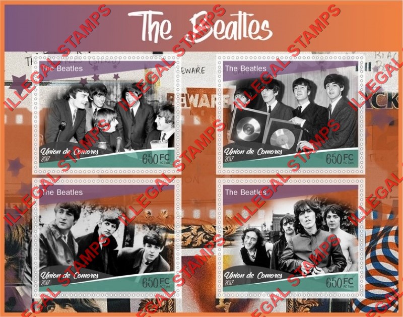 Comoro Islands 2017 The Beatles Counterfeit Illegal Stamp Souvenir Sheet of 4