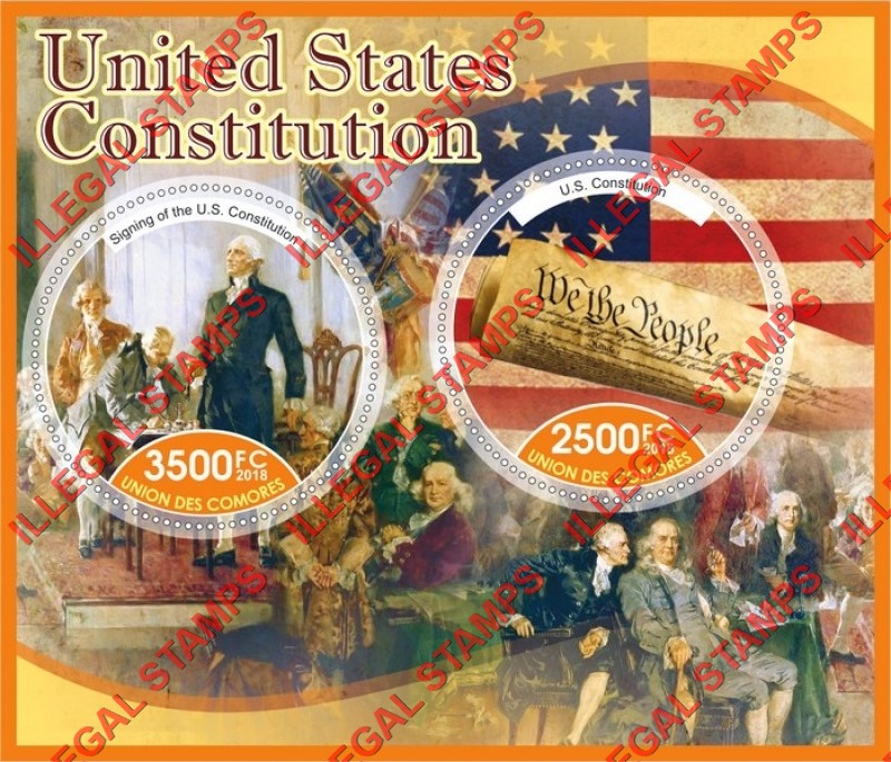 Comoro Islands 2018 United States Constitution Makers Counterfeit Illegal Stamp Souvenir Sheet of 2