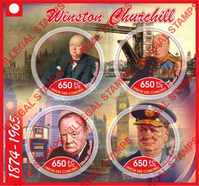 Comoro Islands 2018 Winston Churchill Counterfeit Illegal Stamp Souvenir Sheet of 4