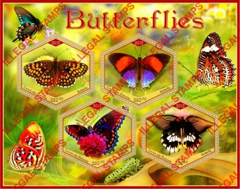 Comoro Islands 2019 Butterflies Counterfeit Illegal Stamp Souvenir Sheet of 4