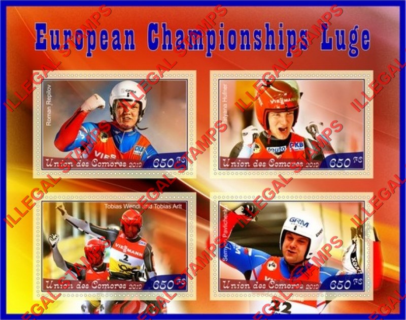 Comoro Islands 2019 European Championships Luge Counterfeit Illegal Stamp Souvenir Sheet of 4