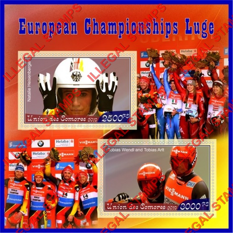 Comoro Islands 2019 European Championships Luge Counterfeit Illegal Stamp Souvenir Sheet of 2