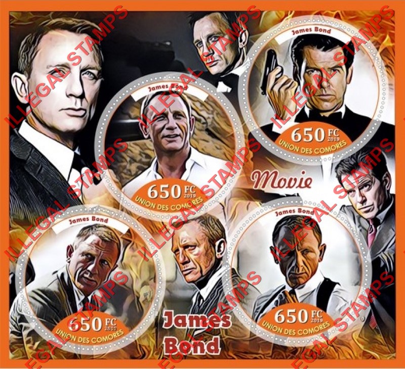 Comoro Islands 2019 James Bond Counterfeit Illegal Stamp Souvenir Sheet of 4