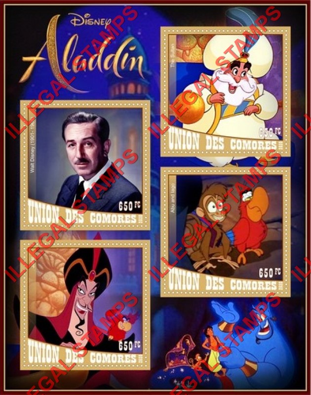 Comoro Islands 2020 Disney Aladdin Counterfeit Illegal Stamp Souvenir Sheet of 4